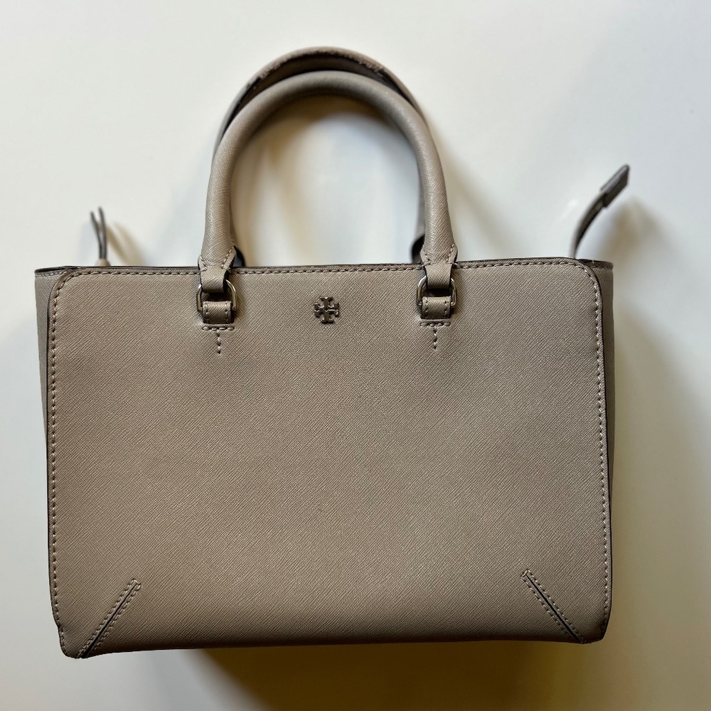 Tory Burch Handbag Gray Tan Logo Houlder Bag Purse Crossbody Medium size